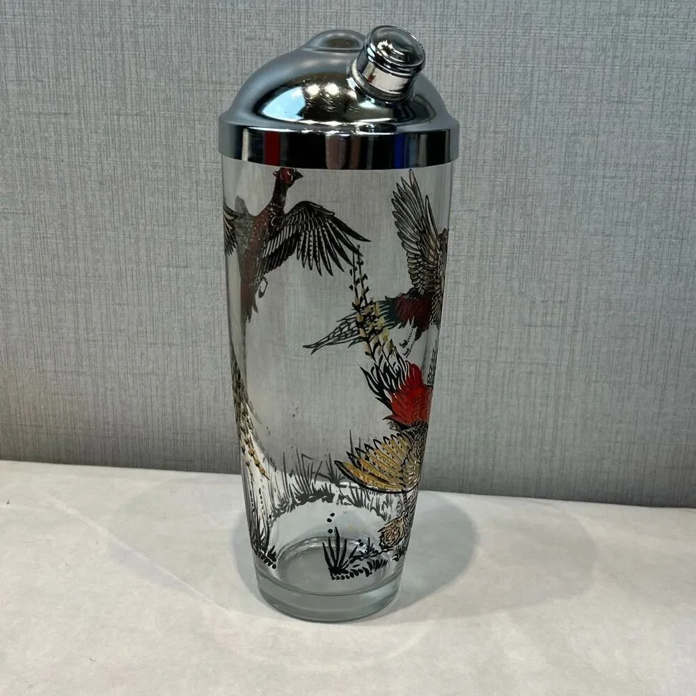 Vtg Hazel Atlas MCM Cocktail Shaker Pheasants Birds Glass 1950s Barware Metal Li